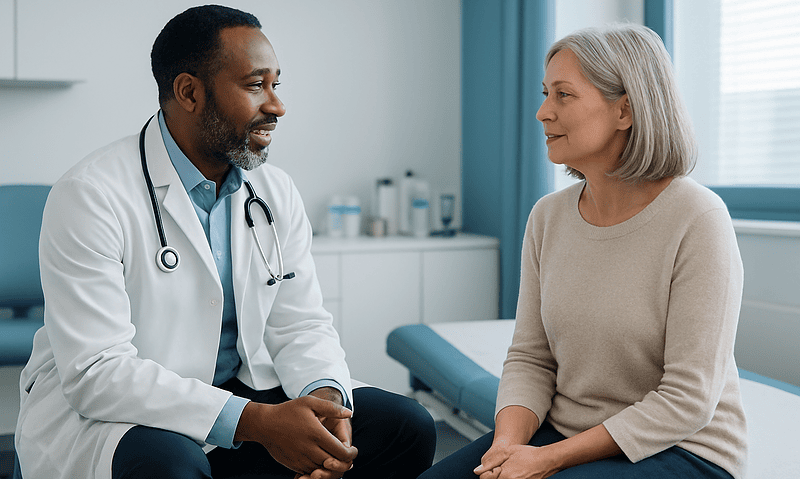 Doctor consulting with a senior female patient in a medical office.