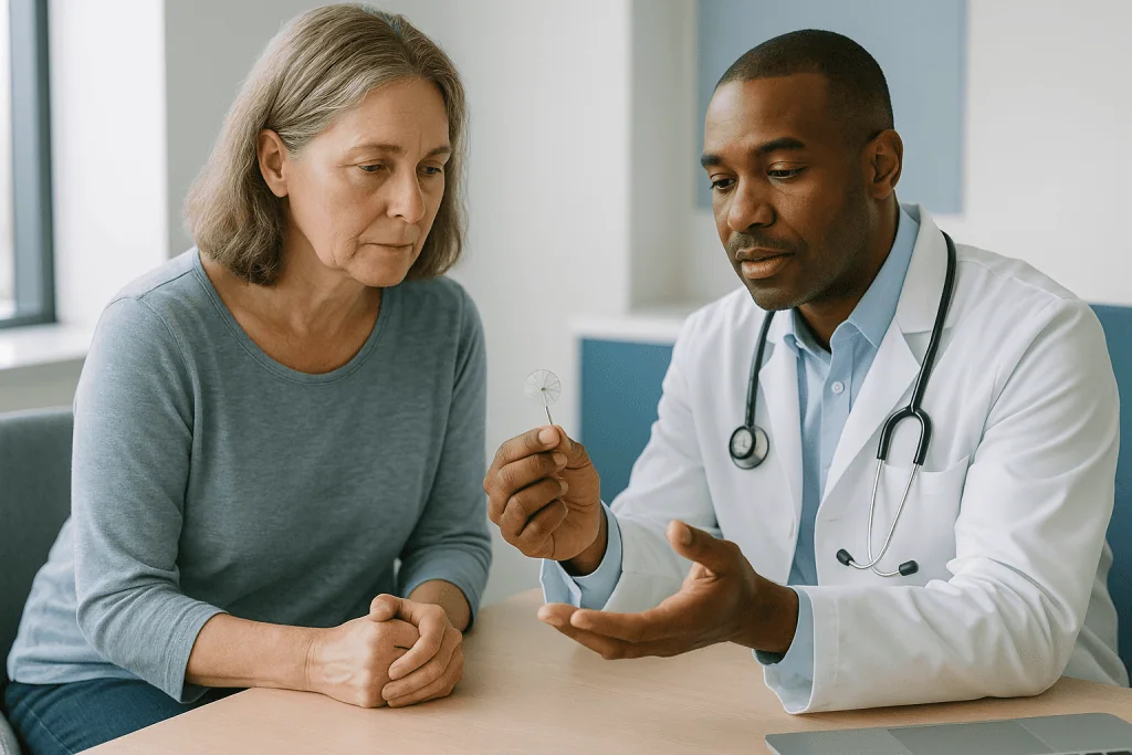 Doctor consulting with mature female patient at desk: How percutaneous closure works, step by step