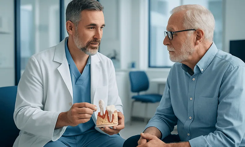 Dentist explaining dental implant to patient in clinic.