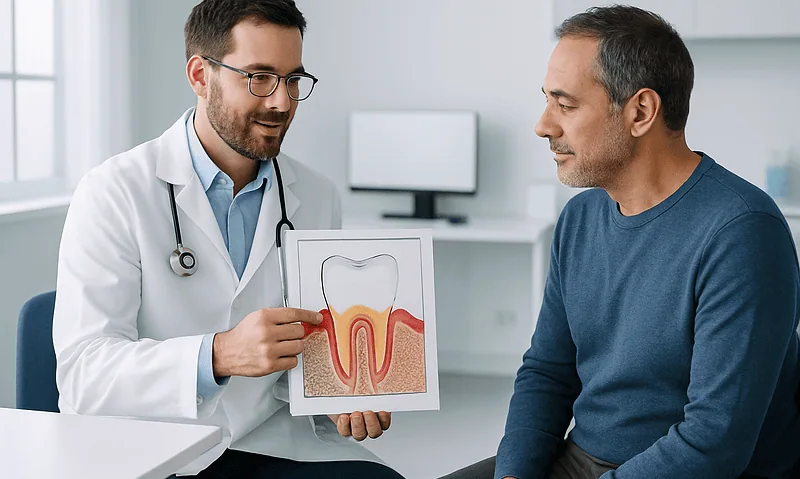 Dentist explaining gum disease and root health to patient with dental model.