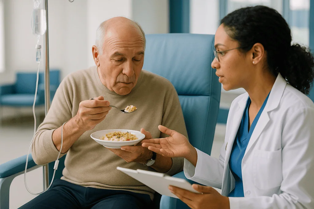 Elderly patient eating with healthcare provider observing: How perioperative chemotherapy actually works, step by step