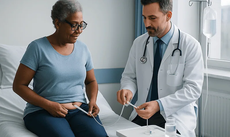 Doctor explains peritoneal dialysis to an elderly patient in a hospital room.