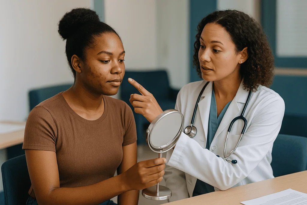 Dermatologist consulting patient with hand mirror: How pigment-safe acne scar treatment for darker skin actually works