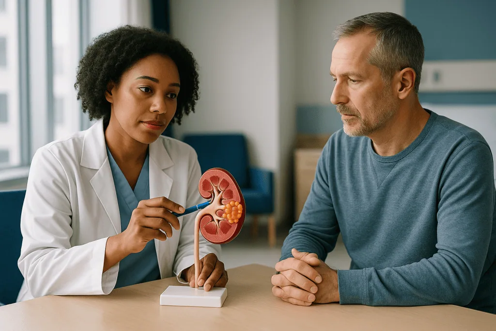 Doctor explaining kidney anatomy model to adult patient: How PKD actually damages the kidney: what happens inside a cyst