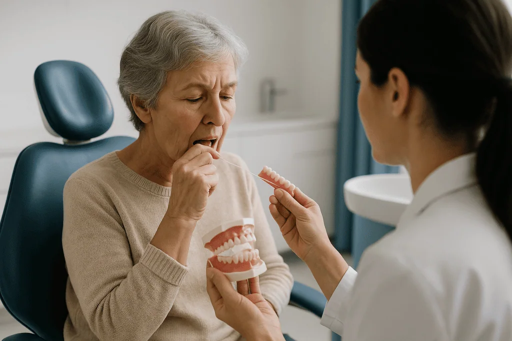 Elderly patient learning denture care from dental professional: How plaque, gum and bone respond to a prosthesis over the ye
