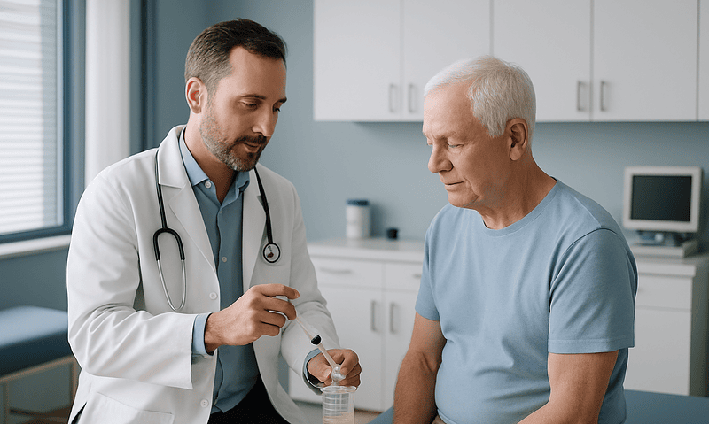 Doctor preparing syringe for thoracentesis procedure with patient.