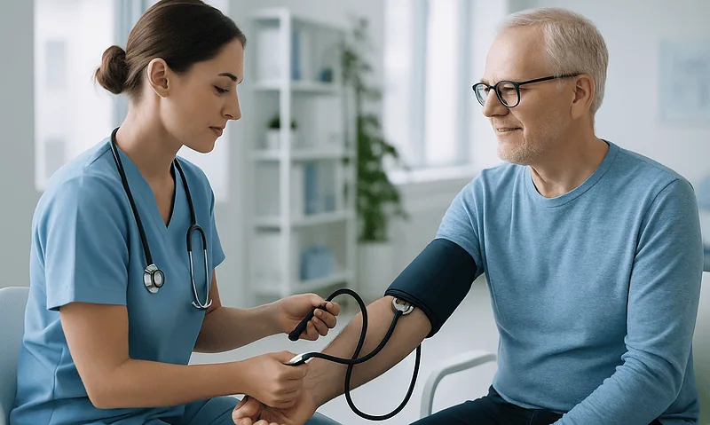 Healthcare professional measuring blood pressure of an elderly male patient.