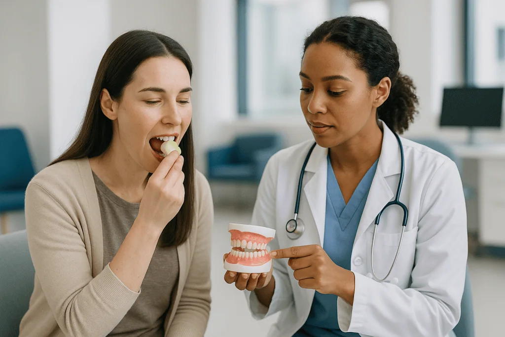 Dentist showing dental model to female patient: How porcelain veneers actually work