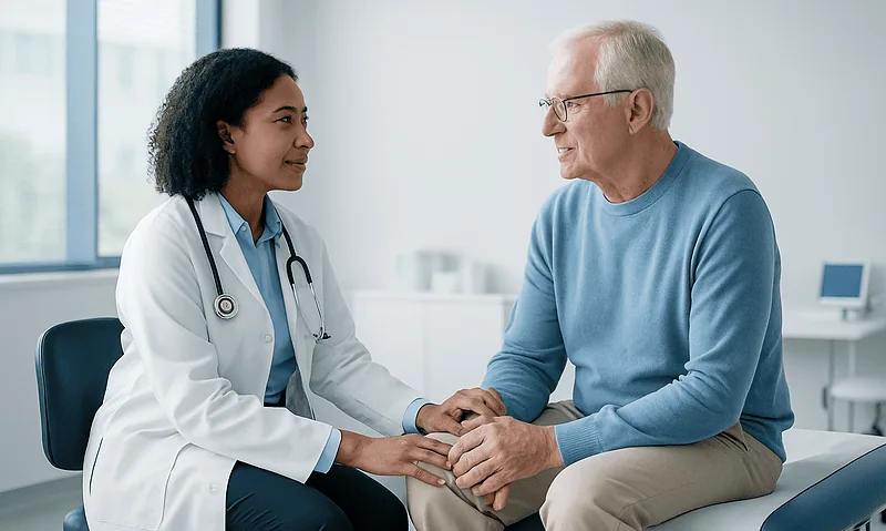 Doctor holding elderly patient's hand in a consultation room.