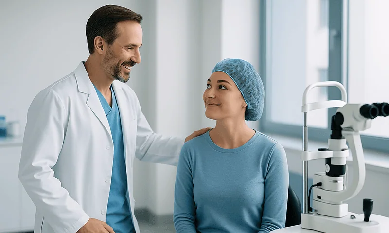 Ophthalmologist consulting a patient in a clinical setting.