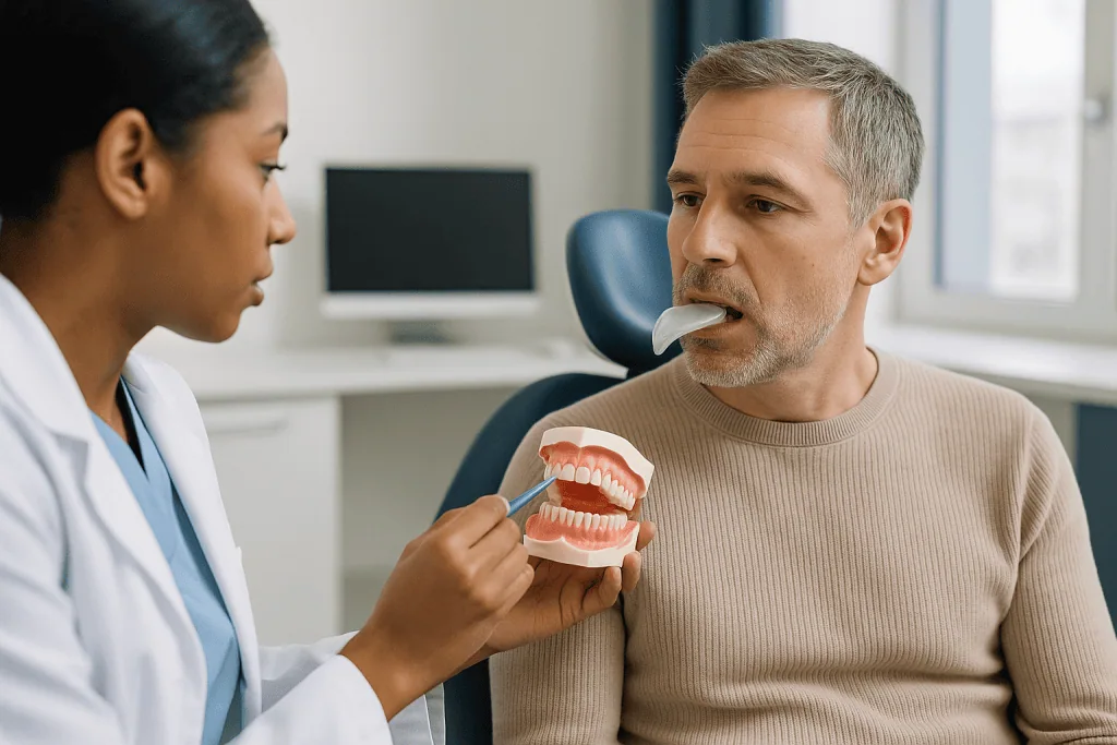 Dentist demonstrating teeth model to adult male patient — How professional whitening works, and why it can reach the nerve