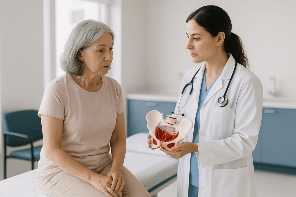 Doctor consulting patient with pelvic anatomy model: How prolapse surgery works, in plain language