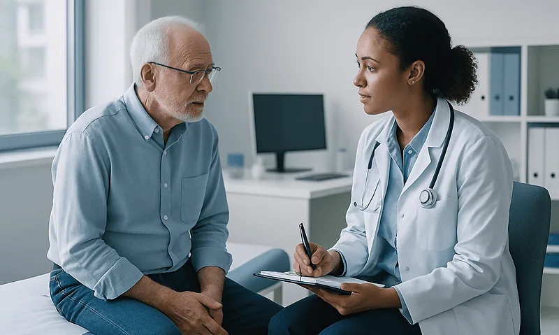 Doctor consulting with an elderly male patient in a medical office.