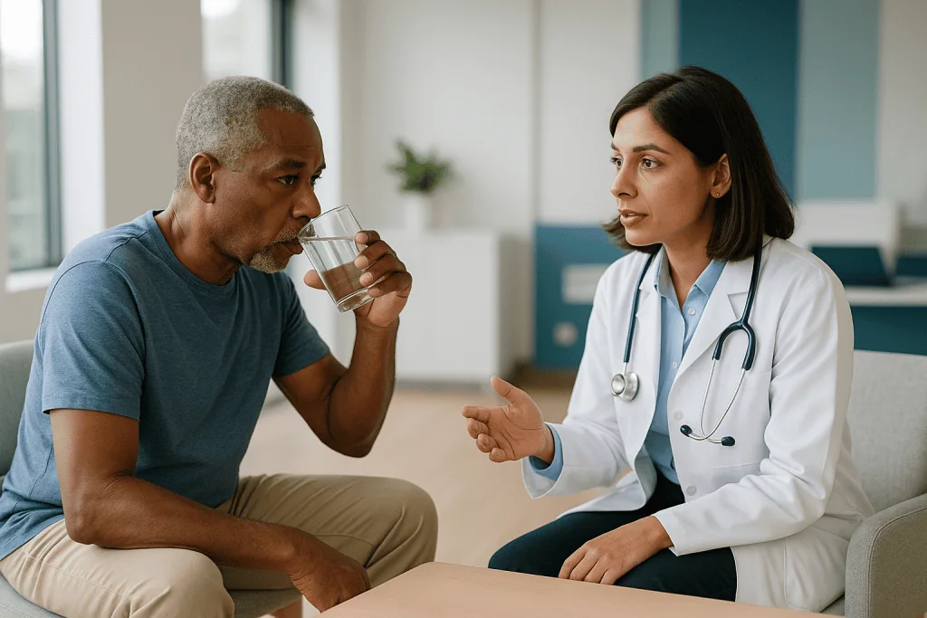 Doctor consulting with male patient about health: How PSA works: why a healthy prostate leaks protein into the blood