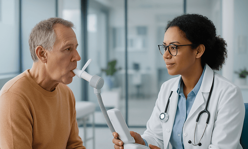 Doctor performing spirometry test on patient in clinic setting.