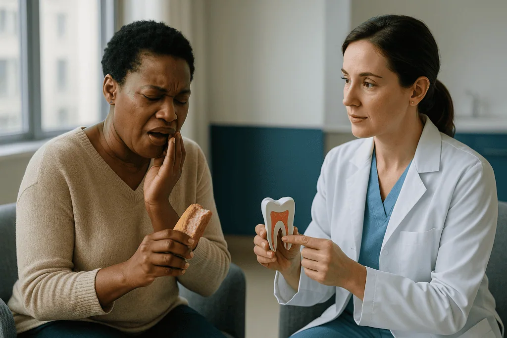 Dentist explaining tooth anatomy model to patient: How pulpitis progresses from reversible to irreversible