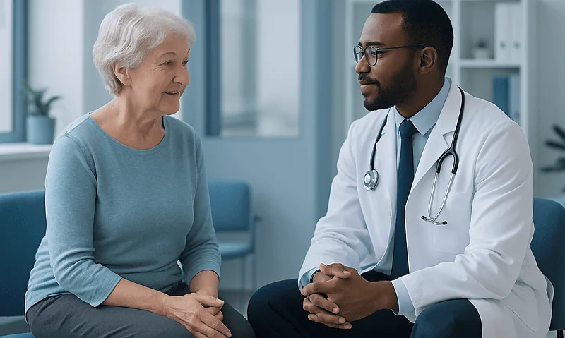 Doctor consulting with elderly woman in a medical office.