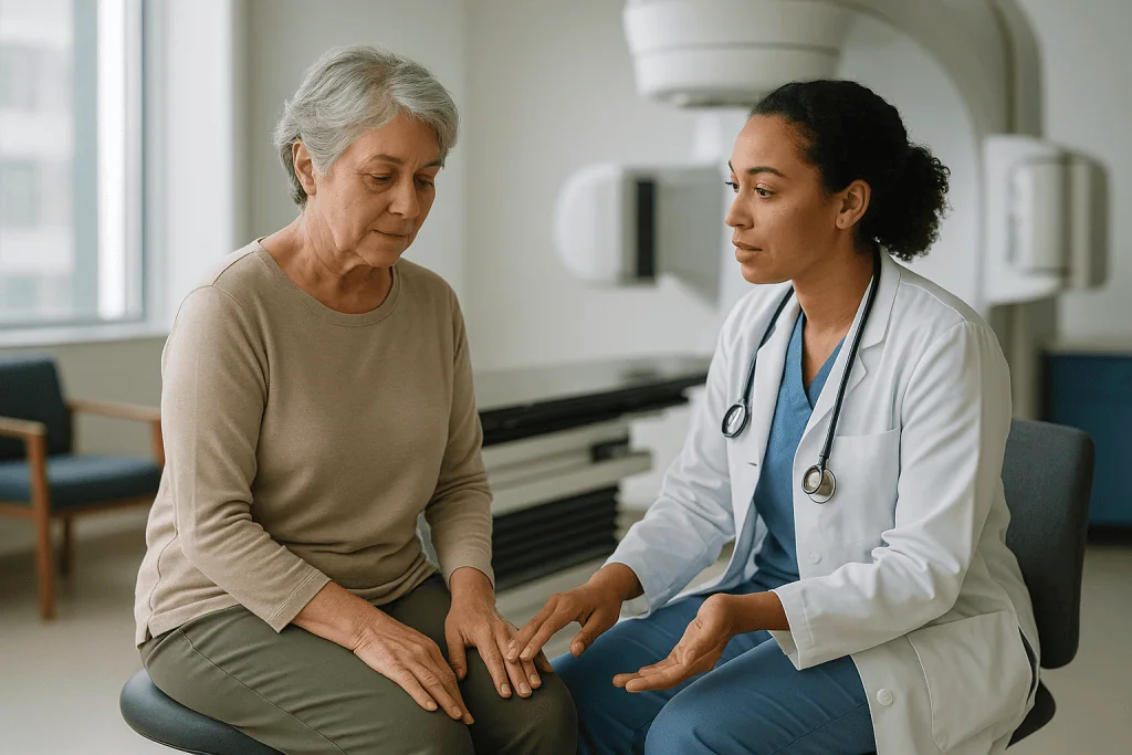 Doctor consulting with elderly patient in clinical setting: How radiation before or after sarcoma surgery actually works