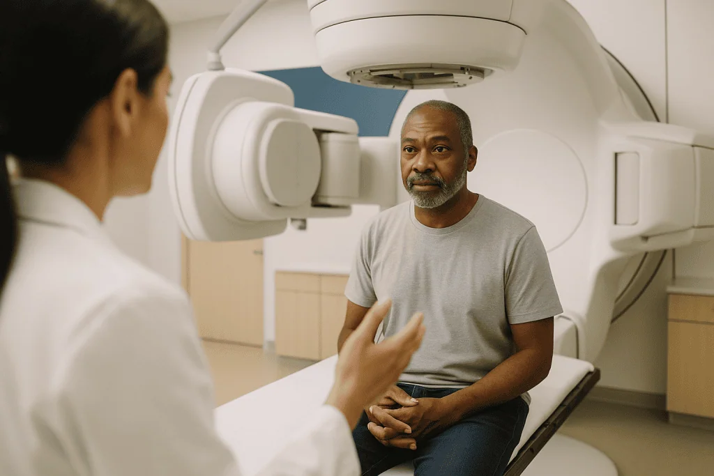 Patient consultation with radiologist in imaging room: How radiation therapy actually works, in plain language