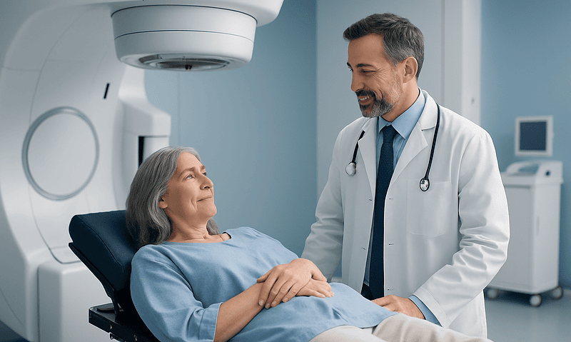 Radiation therapy consultation with a doctor and patient in a medical facility.