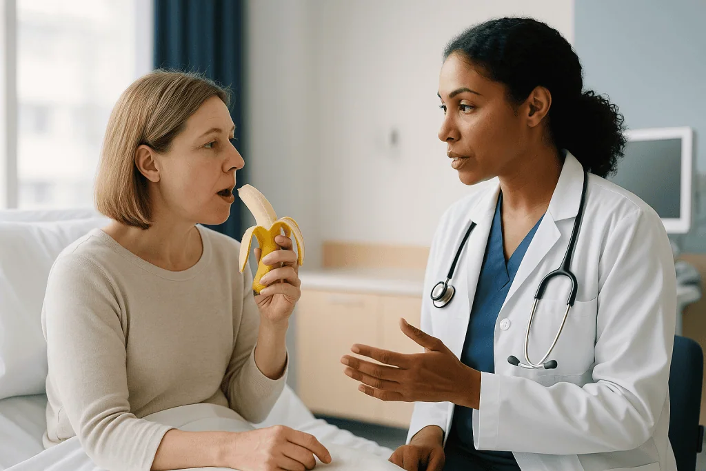Doctor consulting patient eating banana in clinic: How radioiodine treatment works, in plain language