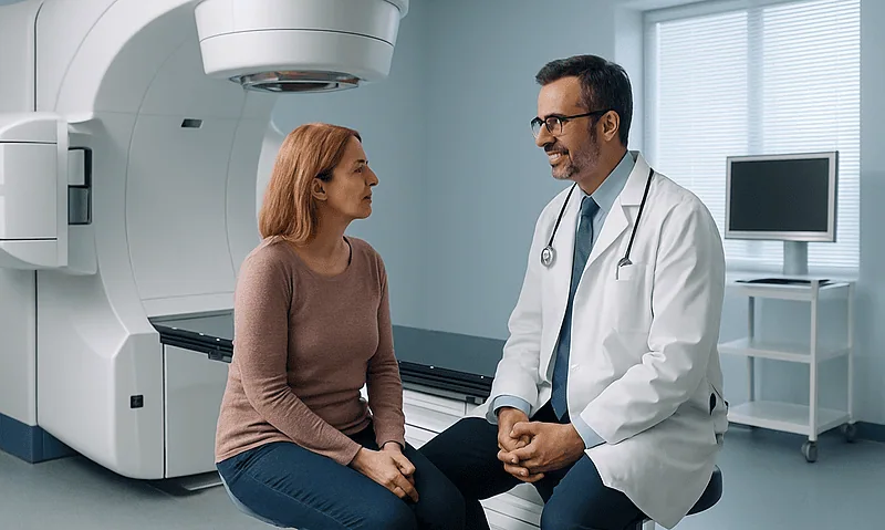 Doctor consulting with a patient in a modern radiotherapy room at Acibadem Hospitals.