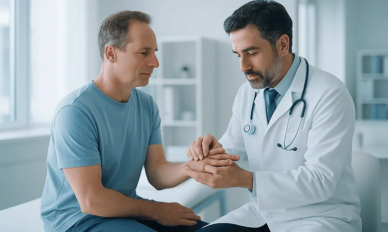 Doctor examining patient's hand in a medical consultation room.