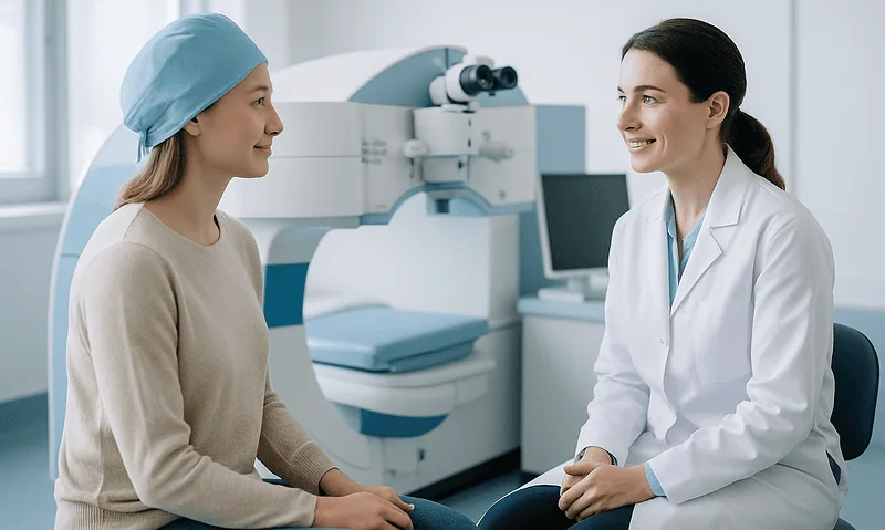 Ophthalmologist consulting patient in a modern eye clinic.