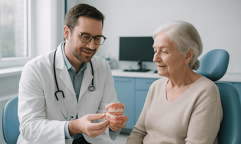 Dentist explaining denture process to elderly patient in clinic.