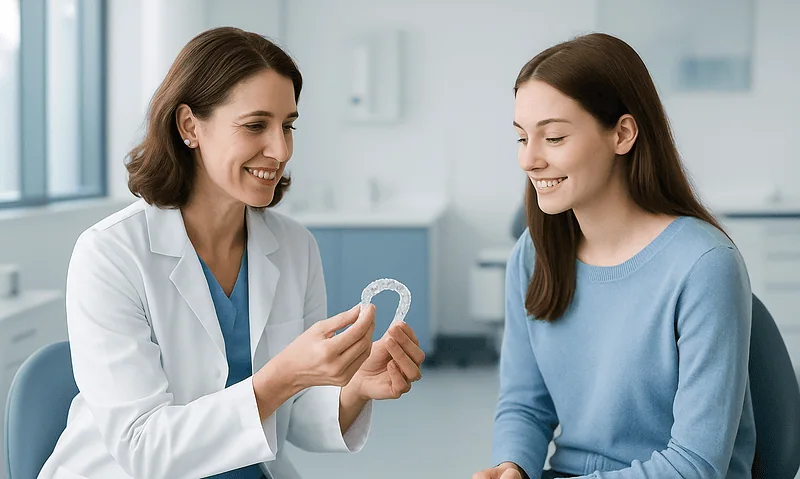 Orthodontist explaining a retainer to a patient in a clinic setting.