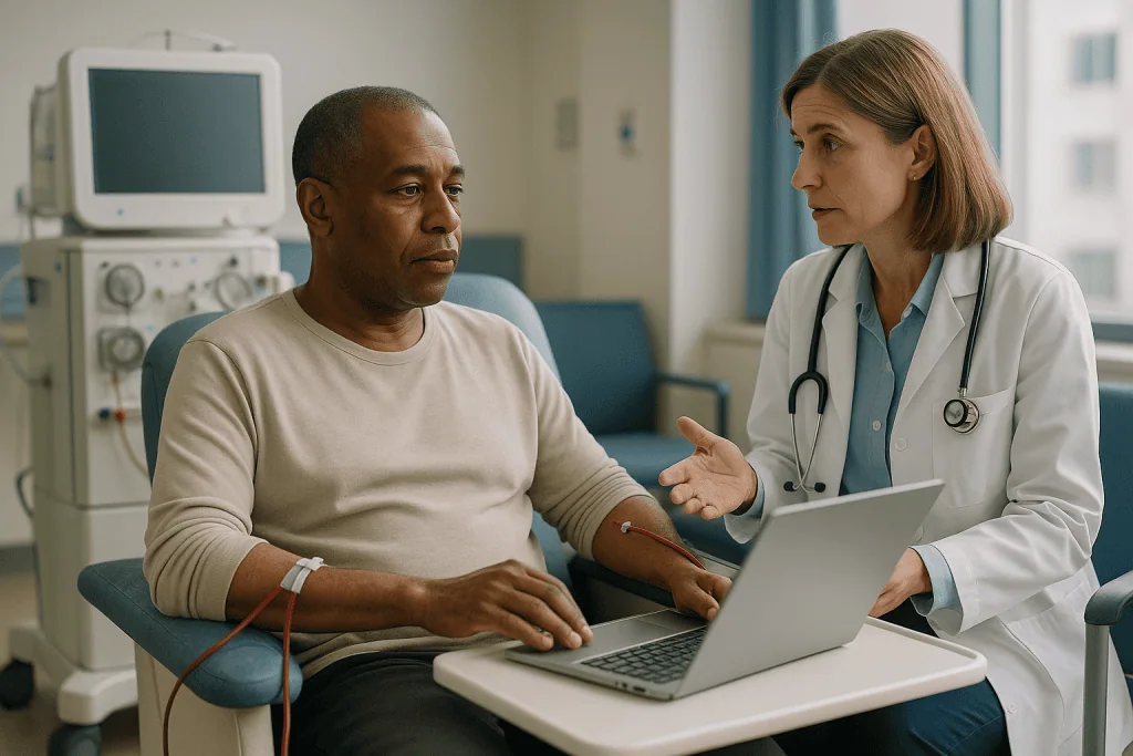 Doctor consulting male patient about treatment options: How renal therapy options actually work, in plain language