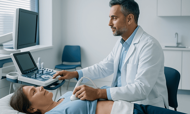 Doctor performing renal ultrasound on patient in hospital room.