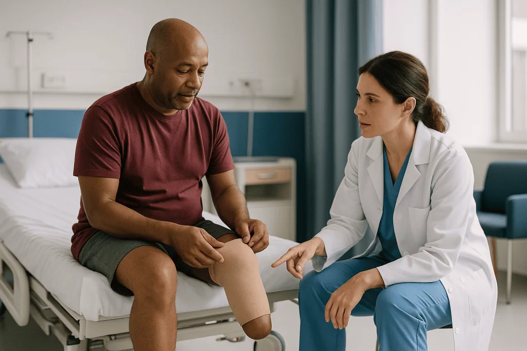 Doctor examining patient's leg with compression sleeve: How residual limb care works: what the daily routine actually does