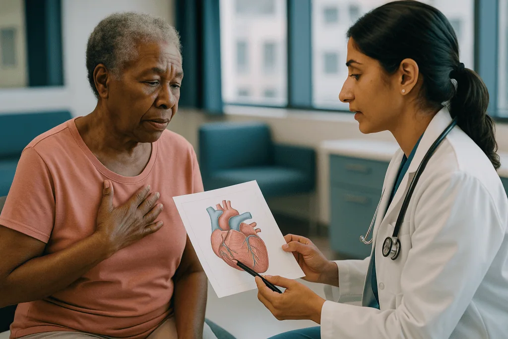 Doctor explaining heart diagram to elderly patient: How rheumatic fever actually reaches the heart