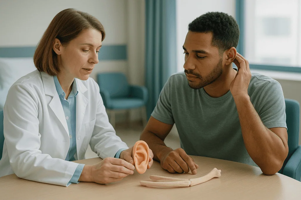 Doctor examining patient's ear model during consultation: How rib cartilage ear reconstruction works, step by step
