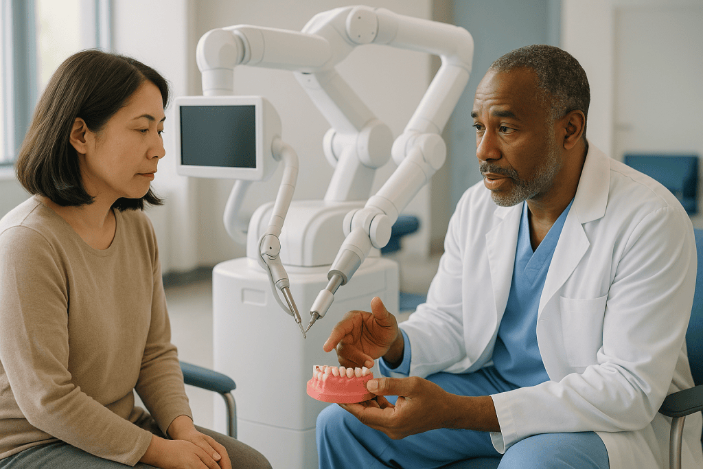 Dentist consulting patient with dental model and robotic arm: How robotic dental implant surgery actually works, step by ste