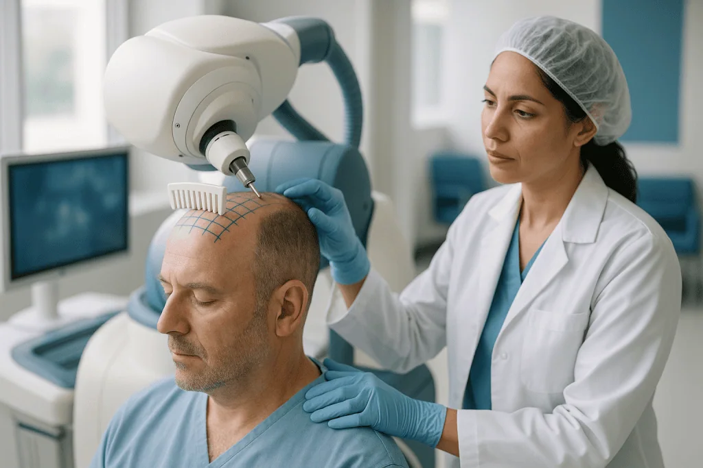 Medical professional using robotic device on patient scalp: How robotic harvesting works: the punch, the tensioner and the g