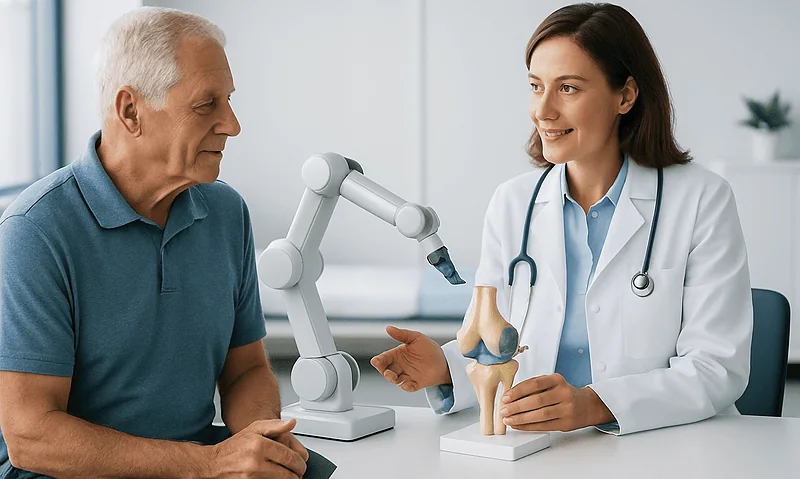 Doctor explains robotic knee replacement to senior patient in clinic.