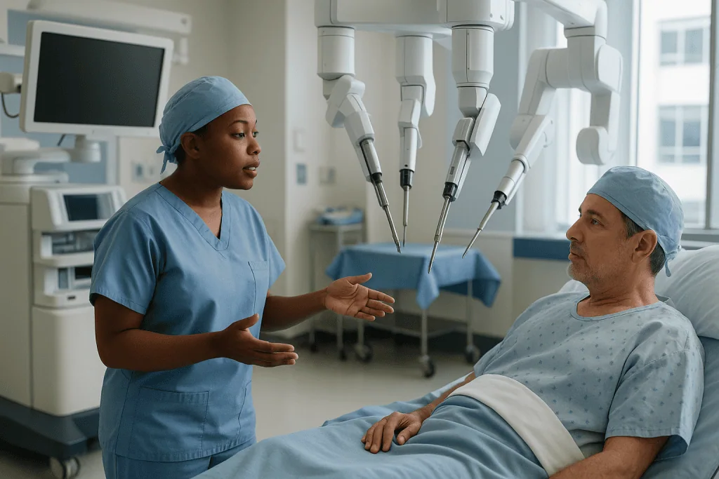 Healthcare worker consulting with patient in surgical prep area: How robotic thoracic surgery works: what actually happens i