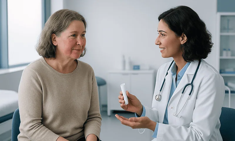 Doctor consulting with an older female patient in a medical office.