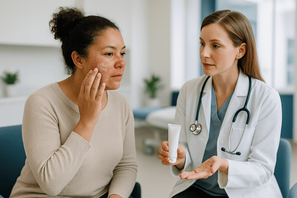 Doctor consulting patient with visible facial rosacea condition: How rosacea treatments work, and where skincare fits