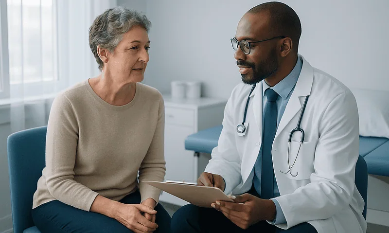 Doctor consulting with an elderly female patient in a medical office.