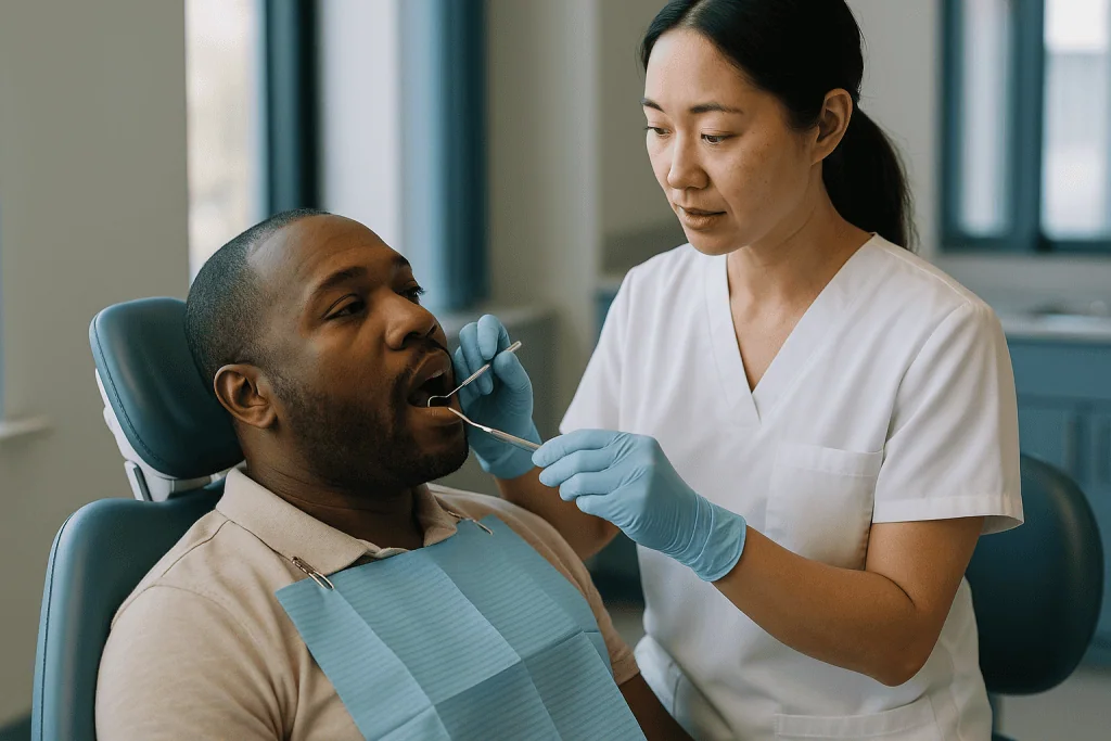 Dental hygienist performing oral examination with dental mirror: How scaling and root planing works, step by step