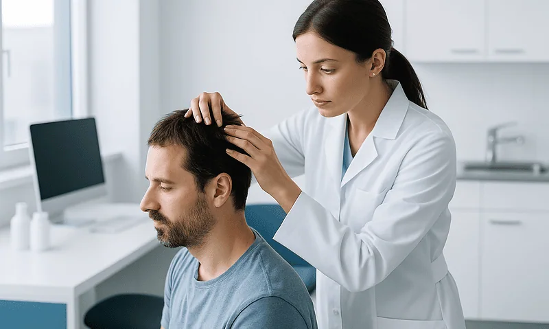 Doctor performing scalp examination on male patient in clinic.