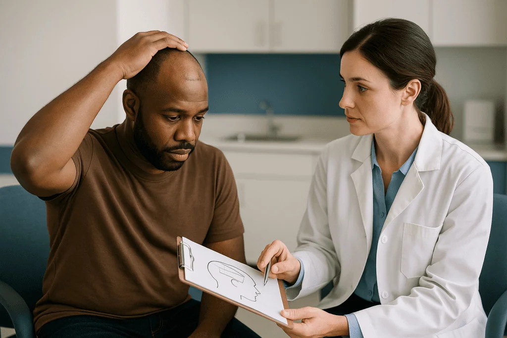 Doctor consulting patient about scalp condition with diagram: How scalp reconstruction techniques work: the reconstructive l