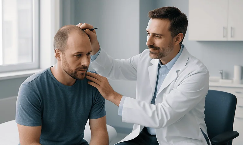 Doctor examining patient's scalp for scar revision consultation.