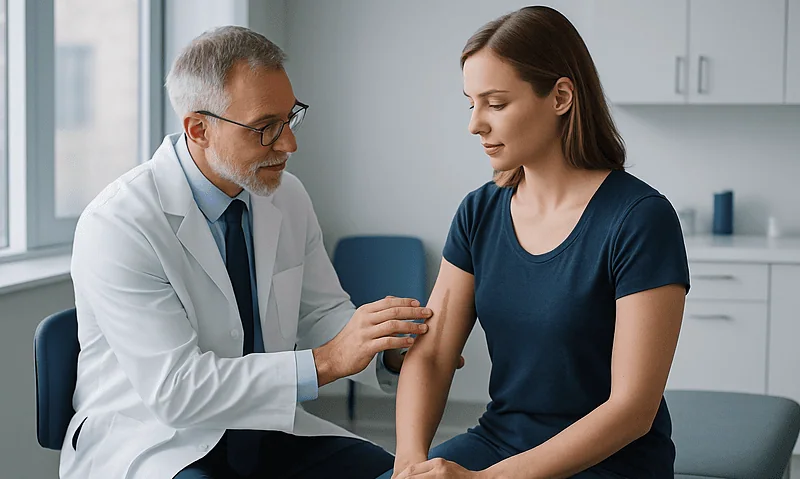 Doctor examining young woman's arm in a medical consultation room.