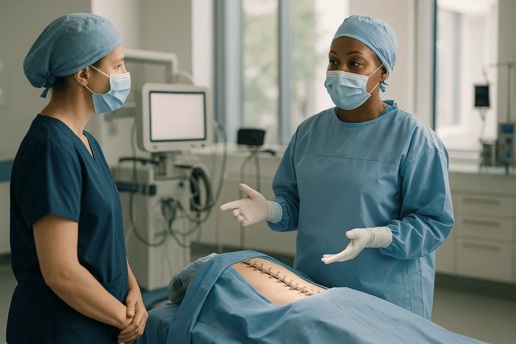 Surgeon consulting with colleague about surgical marking on patient: How scoliosis surgery works: what actually happens in t