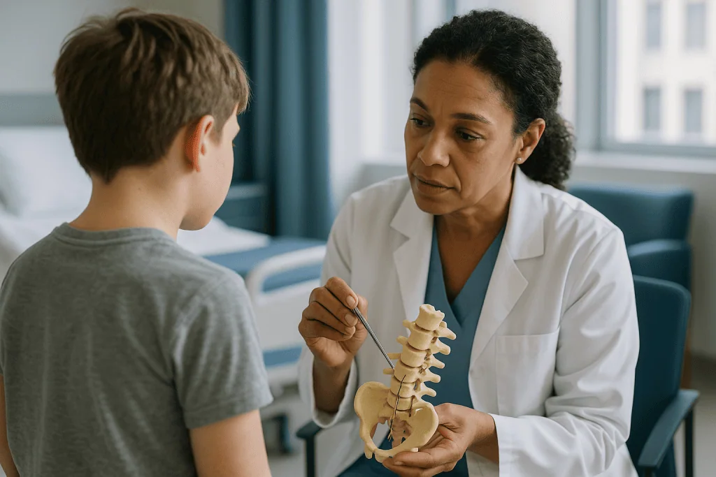 Doctor explaining spine model to young patient: How SDR surgery works, step by step