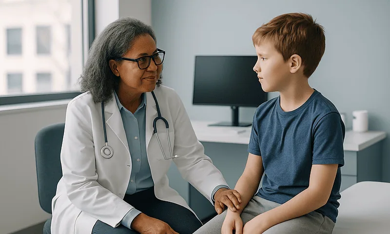 Pediatric neurologist consulting with young patient in clinic.